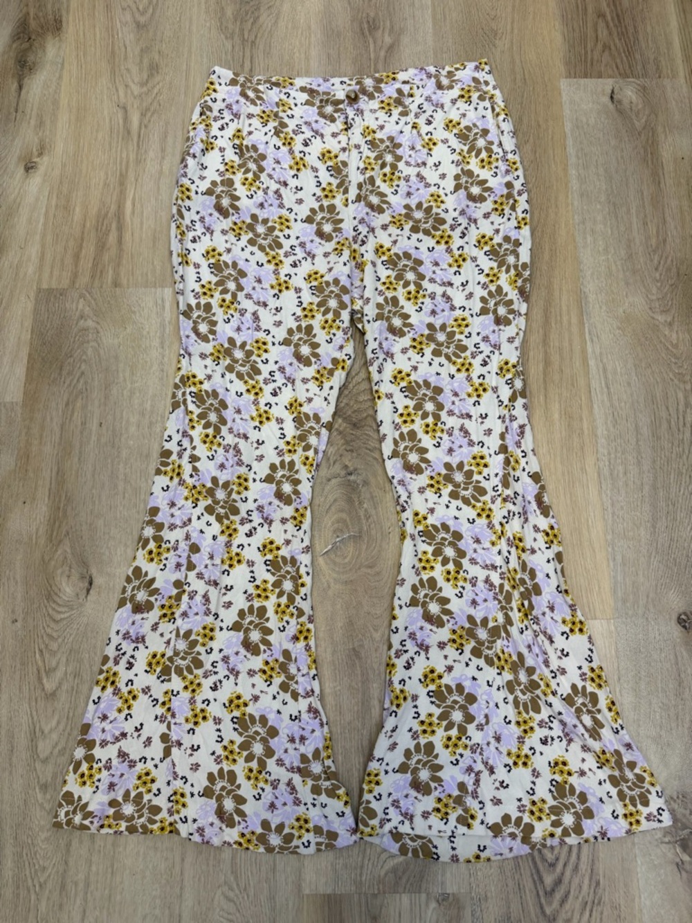 Free People Floral Bell Bottom Pants in White, Brown & Lavender - Picture 1 of 7